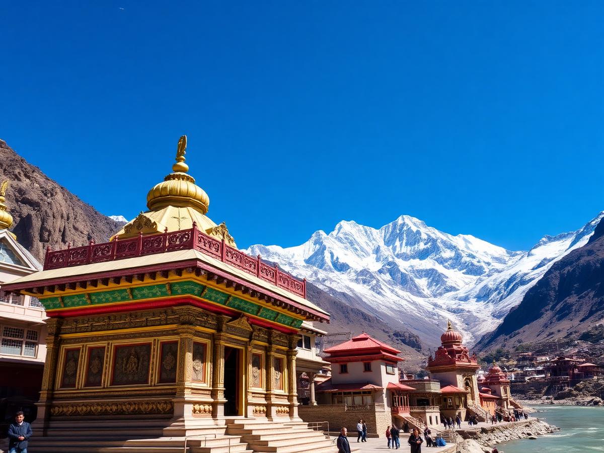 Badrinath temple with Neelkanth peak behind on a premium Char Dham tour package