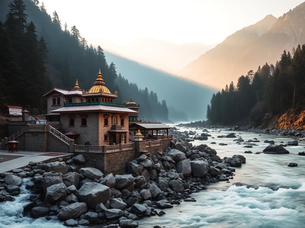 Gangotri temple beside the Bhagirathi river in the Garhwal Himalayas