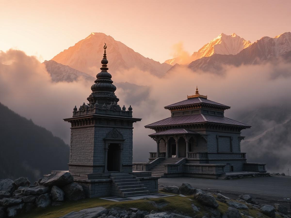 Kedarnath temple at sunrise below snow-capped Himalayan peaks on the Luxury Char Dham Yatra