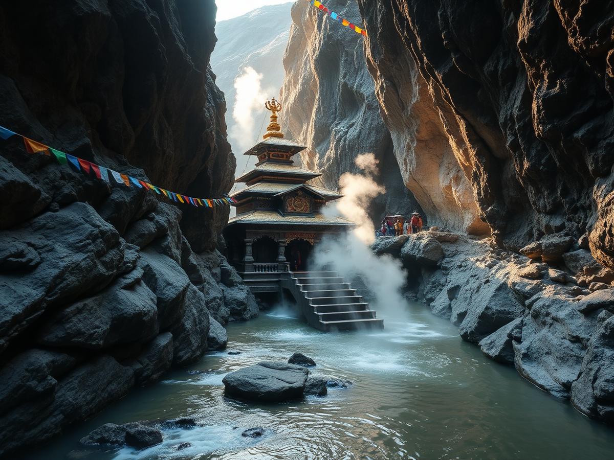 Yamunotri temple and hot springs in a Himalayan gorge with prayer flags